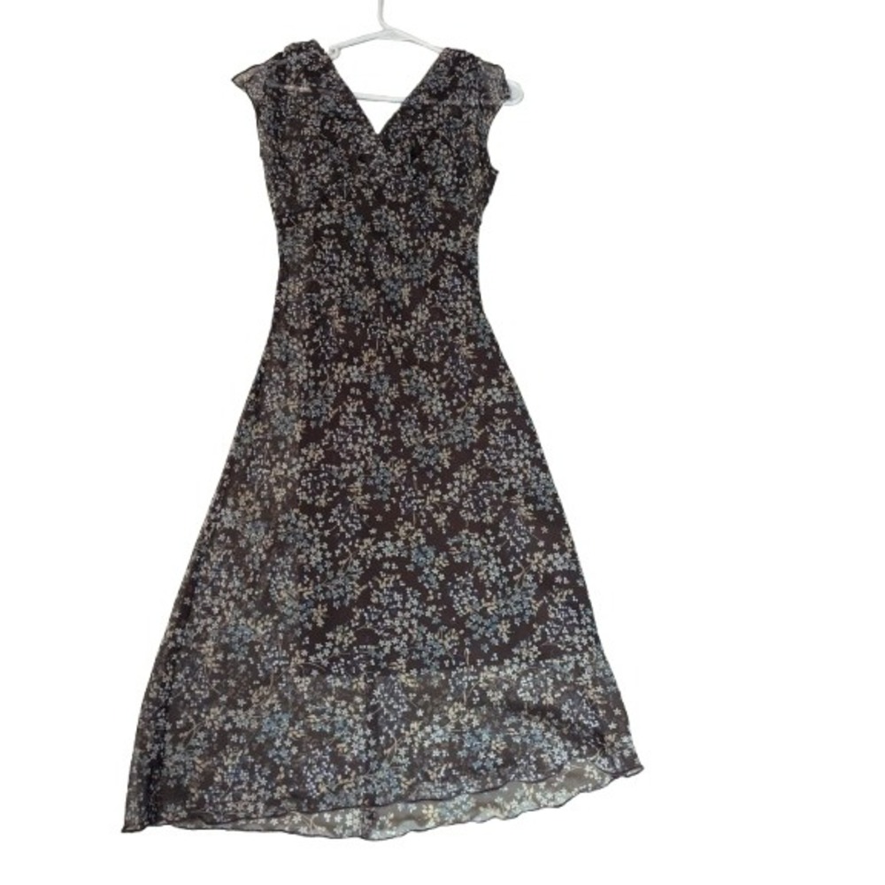 VTG 90s Jonathan Martin Brown‎ Floral Midi Dress w/ Slip Sheer Overlay XS/S USA - Picture 3 of 15